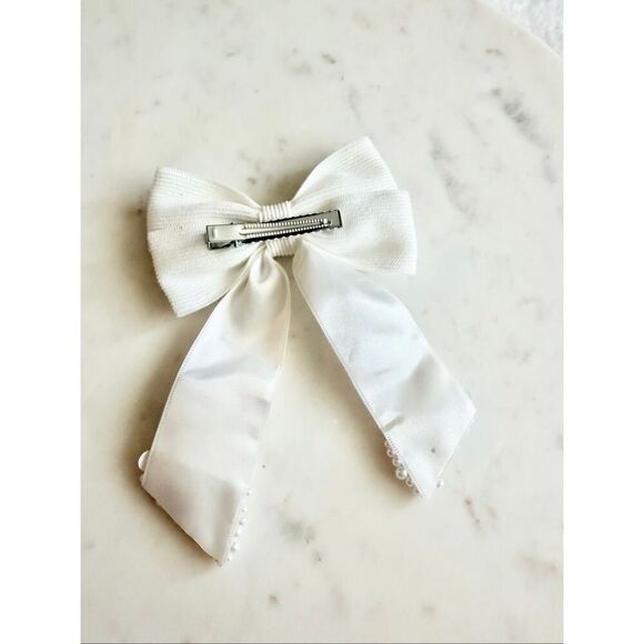 White Pearl Floral Ribbon Hair Bow Clip | Romantic Bridal Coquette main image 5